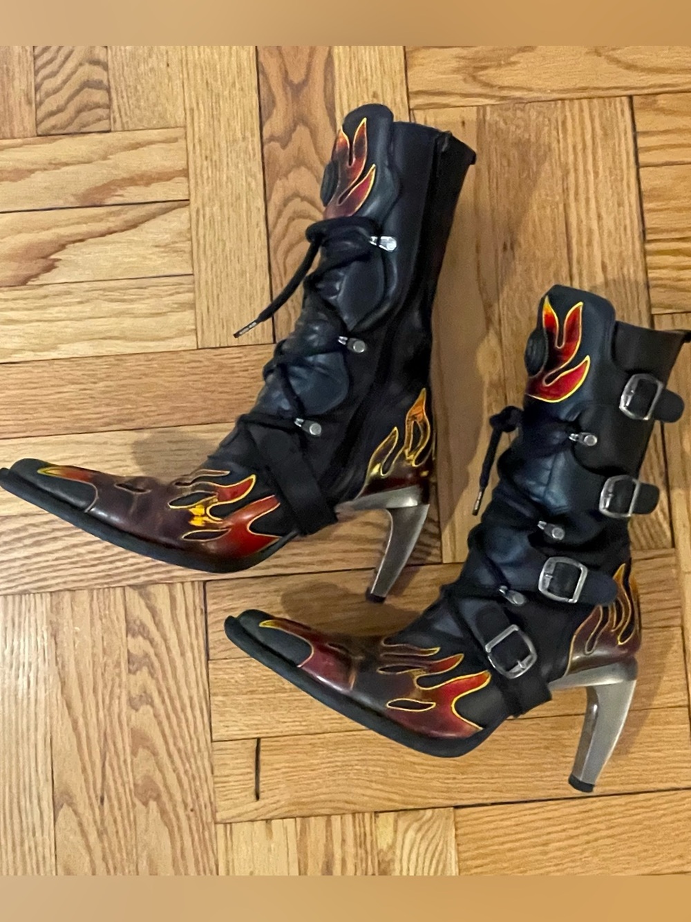Vintage New Rock Leather Flame Heeled Boots